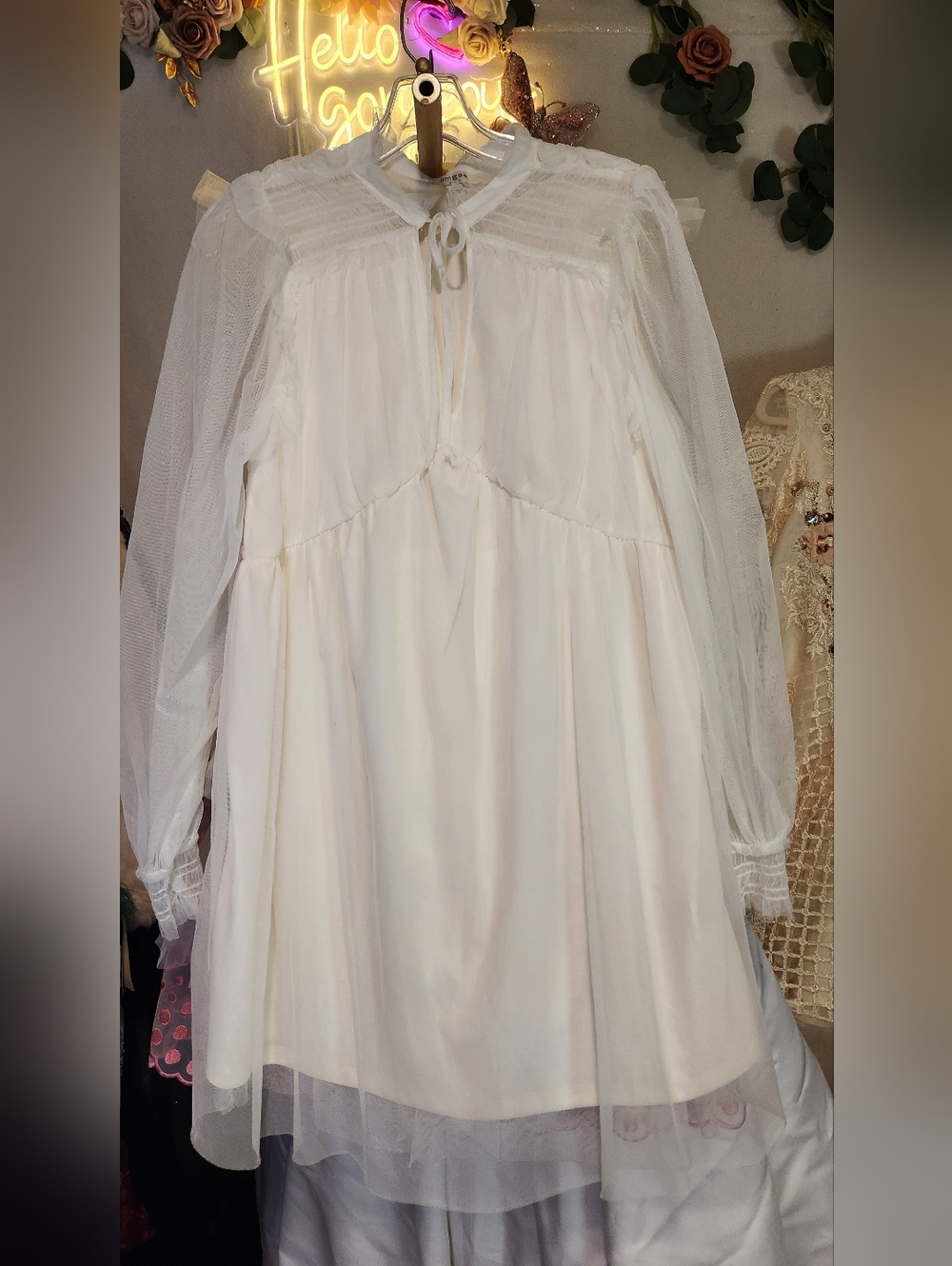 Umgee Size S Ivory Long Sleeved Chiffon Mini Dress - Picture 9 of 10